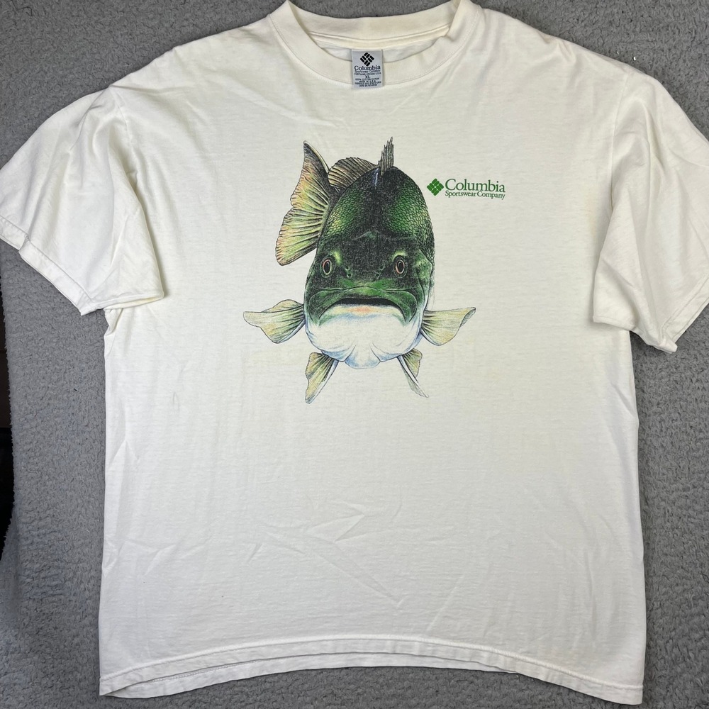 Columbia Graphic T-Shirt Men XL White Vintage 90s Bass Fish Fishing Rare